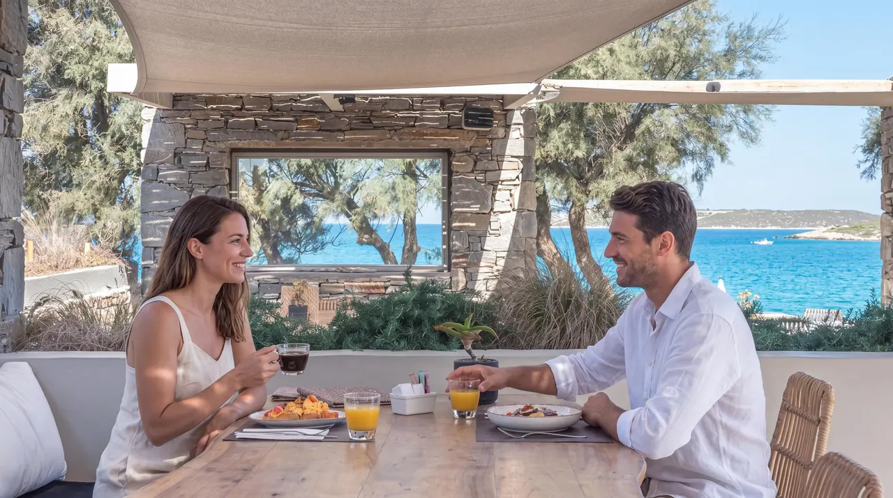 A couple enjoying breakfast by the sea at Paros Comfy Suites
