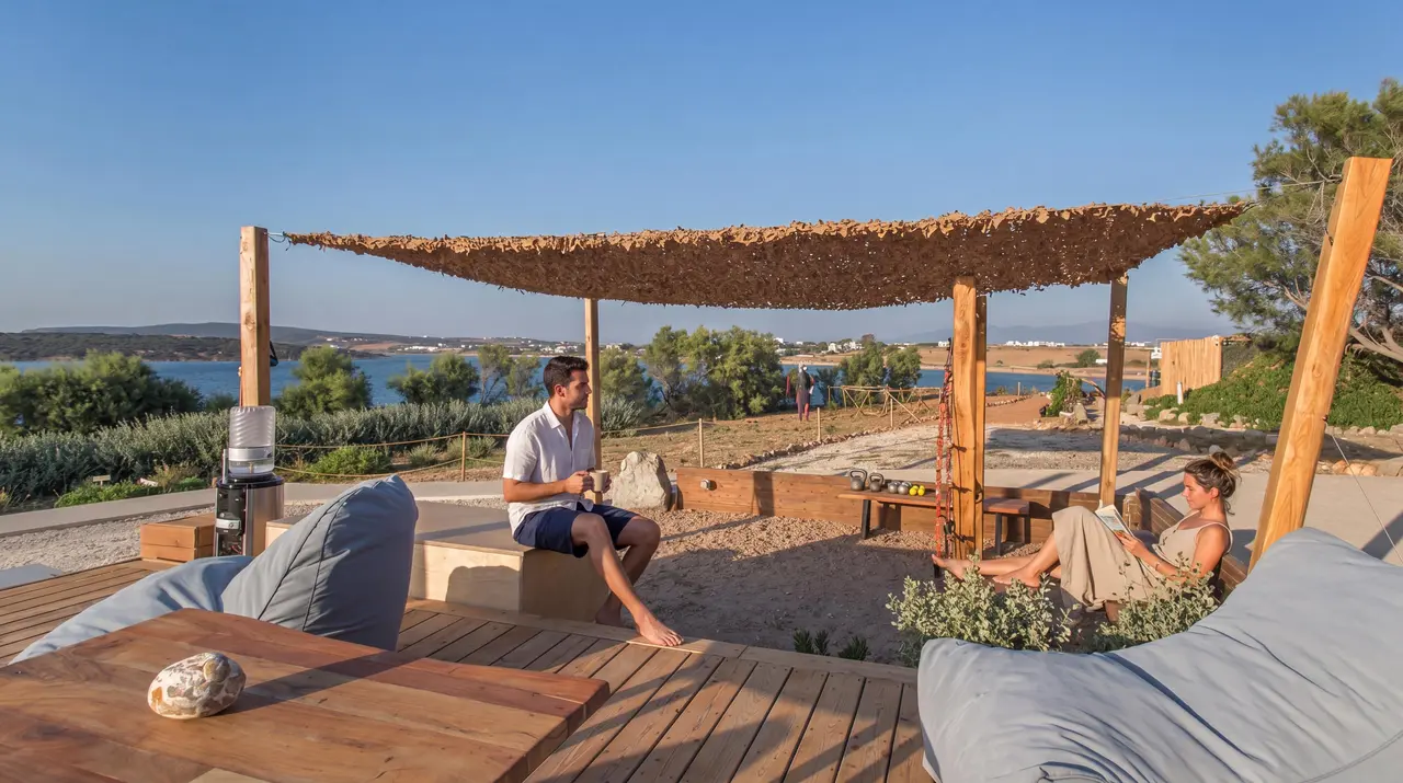 A guest relaxing on the shaded sea-view lounge terrace at Paros Comfy Suites